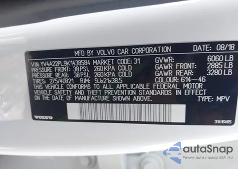 2019 Volvo Xc90 T6 Inscription z USA, uszkodzony, nr VIN YV4A22PL9K1438584